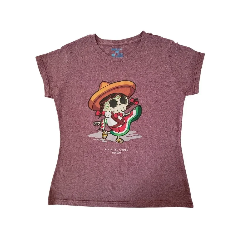 Mexican Skull Cartoon T-Shirt Maroon L 100% Cotton Made In Mexico By Maré Blue - Picture 1 of 2